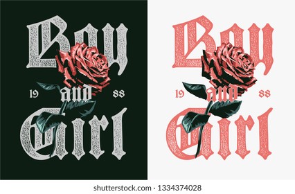 boy and girl slogan with red rose graphic illustration