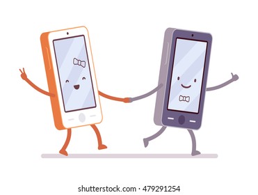 Boy and girl smartphone are walking hand in hand. Cartoon vector flat-style illustration