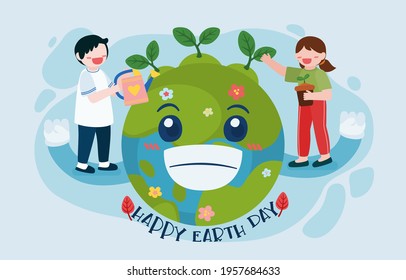 Boy and girl with smiley earth day web banner watering to planting forest Concept Help reduce global warming in cartoon character, isolated vector illustration