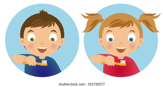 Boy and girl smiling , holding in his hand a toothbrush with toothpaste. Vector illustration. EPS10