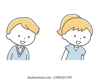 Boy and girl smiling while peeking down, monochrome hand-drawn vector illustration