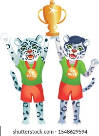 Boy and girl snow leopards in sport uniform are rising high the gold goblet