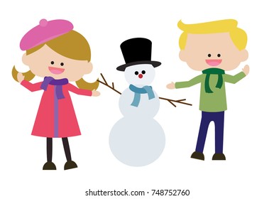 Boy and girl with snowman 