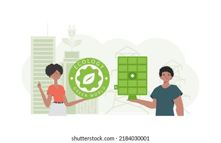 Boy and girl and solar panel. Green energy concept. Vector.