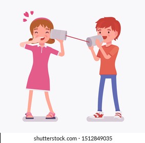 Boy and girl speaking by tin can telephone. Two friends playing in string phone, love expression for girlfriend, romantic talk and loving relationship on dating. Vector flat style cartoon illustration