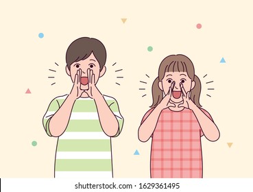 A boy and a girl are speaking with their hands around their mouths. hand drawn style vector design illustrations. 