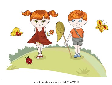 The boy and the girl spending school vacation on a summer solar meadow. Illustration, vector