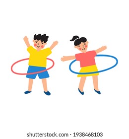 Boy and girl spin hula hoops. 
Vector illustrations on white background.