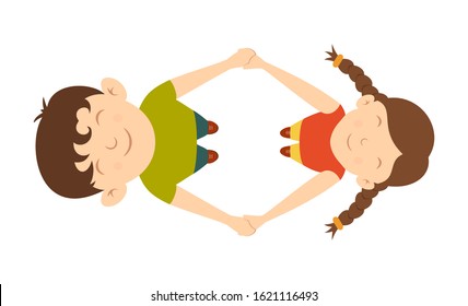 Boy and girl are spinning holding hands. Happy kids play together. Cute children in cartoon style. Illustration can be used for children's clothing or things design, holiday cards, banners, invitation