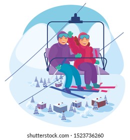 BOY AND GIRL IN SPORTS WINTER CLOTHING WITH SKIES AND HOLDING STICKS, HANDS RISE UP IN THE CABLEWAY. BELOW IS A VIEW OF HOTELS AT THE FOOT OF THE MOUNTAIN