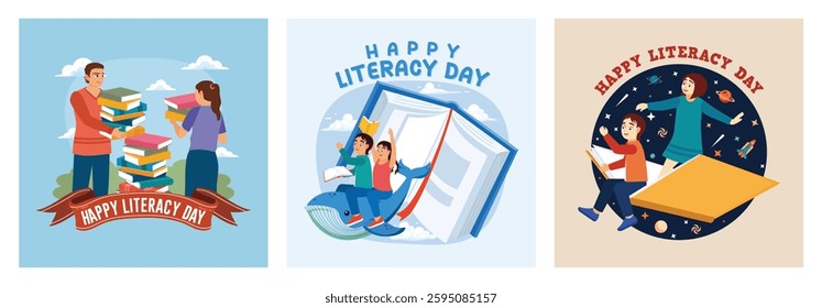 Boy and girl with a stack of books. Children reading fantasy books. Boy and girl fly over books. Reading books becomes an adventure. Happy Literacy Day concept.Set flat vector illustration.