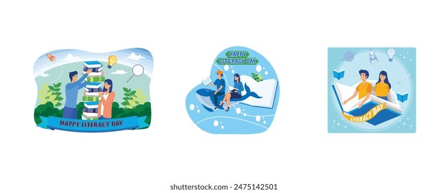 A boy and a girl are stacking up and collecting books to read together. Happy Literacy Day. Imagination Concept, Reading Books Becomes an Adventure. Set flat vector illustration