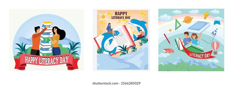 A boy and a girl are stacking up and collecting books to read together. Dolphins and Books in a Tropical Setting. A Boy and a Girl Fly Over a Book. Set flat vector modern illustration 
