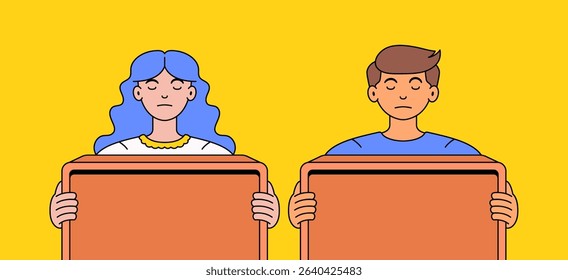 A boy and a girl stand side by side holding blank boards with calm expressions, on a vibrant yellow background in  cartoon style vector hand drawn illustration