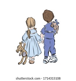 Boy and girl stand together back and holding hands. Brother and sister. Children hold stuffed toys. Drawing for coloring. 