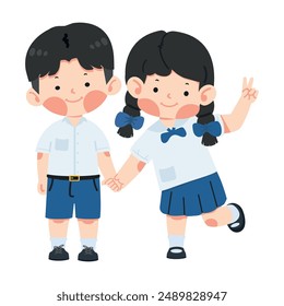 boy and girl stand together holding hands 