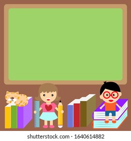 boy and girl standing with books and stationery with black board background vector