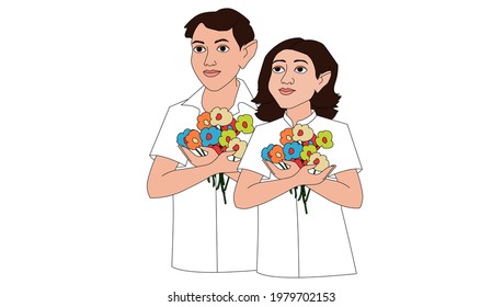A boy and a girl are standing with bouquets in their hands - illustration