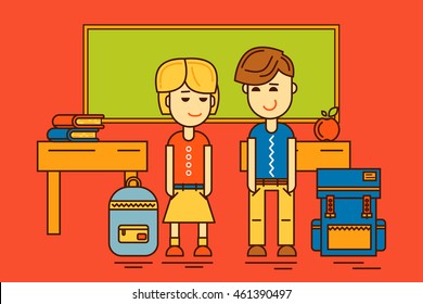 Boy and girl standing in the class vector illustration. Flt line style. Great colors. Cute and lovely characters. 