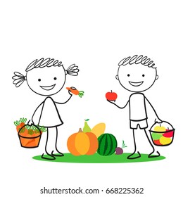 Boy and girl standing and holding carrot and apple in baskets and in their hands. A harvest is between kids.