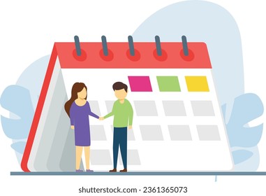 The boy and girl are standing near calendar.
