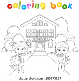 Boy and girl standing near the school building in a schoolyard. Vector illustration for children. Coloring book