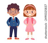 A boy and a girl are standing next to each other. The boy is wearing glasses and a blue jacket, while the girl is wearing a pink dress and a pink backpack. They both have smiles on their faces