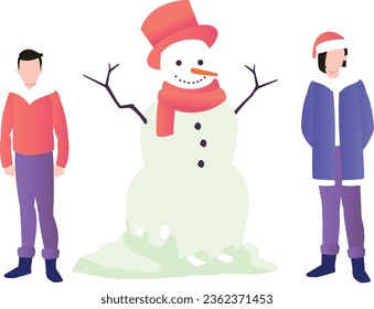 A boy and a girl are standing next to a snowman.