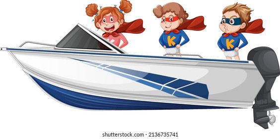 Boy and girl standing on a speeding boat on a white background illustration