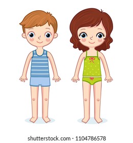 Boy and a girl are standing on a white background. A lot of kids are in cartoon style. Vector illustration with children.