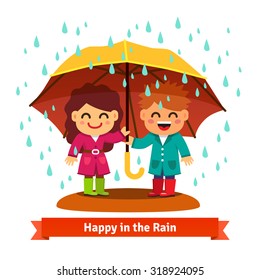 Boy and girl standing in the rain under one big umbrella. Child love concept. Flat style vector cartoon illustration isolated on white background.