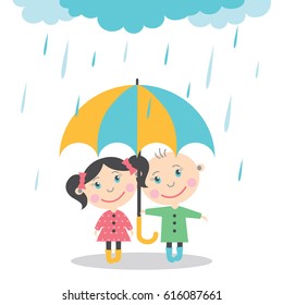 Boy and girl standing in the rain under umbrella. Vector Illustration  