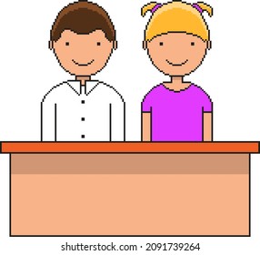 Muchacho y muchacha parados en la mesa. Icono de vector de arte de píxeles. Camisas blancas, pelo castaño, camisa rosada, pelo blanco