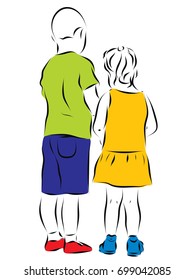 The boy and the girl are standing with their backs. Color vector illustration for kids.