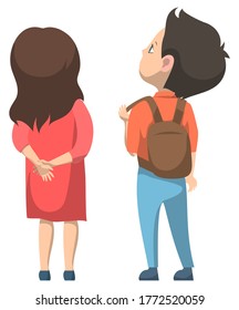 Boy and girl standing together. Schoolboy with backpack on back. Schoolgirl in red dress and long hair. Pupils isolated on white. Back to school concept, 1st September. Flat cartoon vector