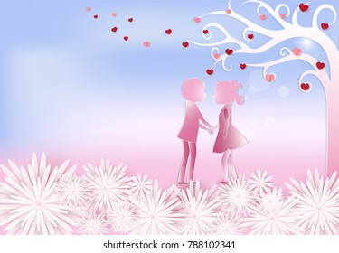 Boy and girl standing under tree of heart with flower valentine pink background paper art, paper craft style illustration