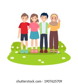 Muchacho y muchacha parados abrazándose en el parque. Feliz concepto de amistad. Vector plano aislado en blanco.