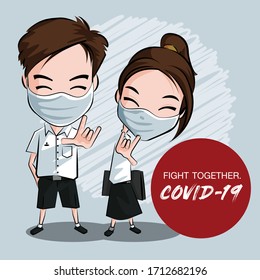 Boy and Girl student fight together Covid-19 vector design.