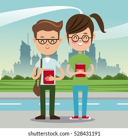 boy and girl student nerd urban background