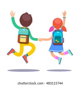 Boy and girl students with backpacks holding hands jumping on a way to school. Flat style modern vector illustration isolated on white background.