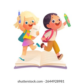 Boy and girl students with backpacks running back to school. Elementary school students learn to read and write. Back to school cartoon clipart. Cartoon vector children illustration for kids education