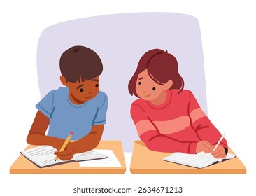 Boy and girl students classmates using cheat sheets in class during examination cartoon scene. Classfellow characters writing off exam test together vector illustration. Back to school concept