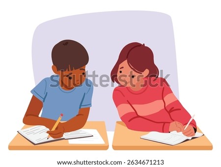Boy and girl students classmates using cheat sheets in class during examination cartoon scene. Classfellow characters writing off exam test together vector illustration. Back to school concept