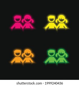 Boy And Girl Students four color glowing neon vector icon