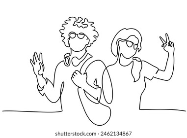 Boy and girl students greeting Hands up. Continuous one line drawing. Vector illustration. People standing at concert, meeting. Concept of happy Audience.