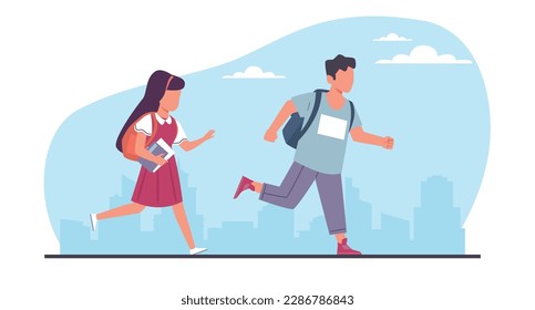 Boy and girl students are late to school for class. Children running with backpack, joyful hurrying pupils, hasten character active pose, cartoon flat style isolated illustration. Vector concept