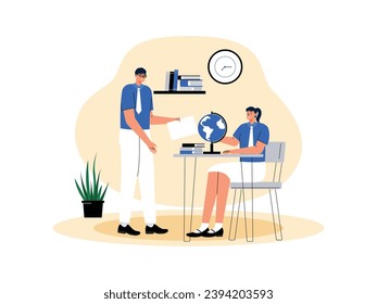 Boy and girl students solve questions given by the teacher in geography subject, school vector illustration.