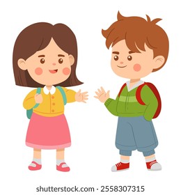 Boy and girl students stand and raise their hands to greet each other vector illustration