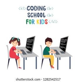 The boy and girl studies coding at the computer, programming code is written on the monitor and hand drawn lettering phrase Coding school for kids. Vector graphics