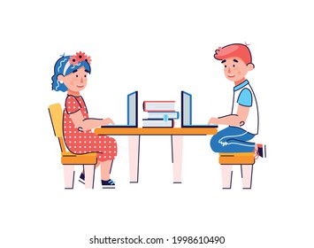 A boy and a girl study at the table with books and laptops. Online distance education and Internet resources for children. Cartoon vector illustration isolated on a white background.